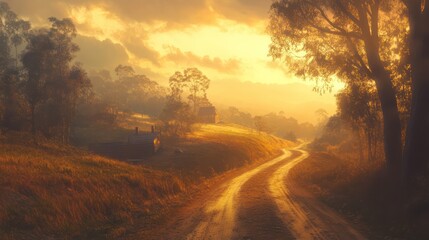 A winding rural dirt road leads through a sunlit countryside landscape
