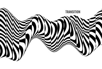 Black and white pattern. Optical illusion dynamic pattern with displacement from multiple sliced lines. Abstract striped background. 3D vector for cover, interior design or print.