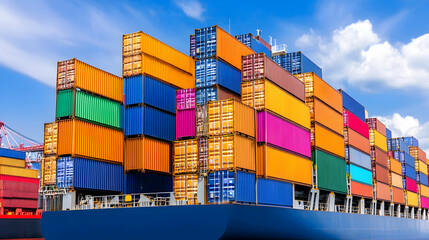 Colorful cargo containers stacked high on a large ship