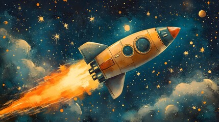 Fototapeta premium a rocket soaring through a starry sky with a fiery trail
