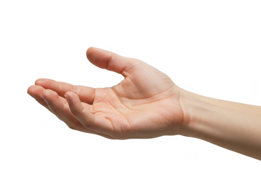 A close-up of a human hand extended in an open receiving gesture isolated on transparent background