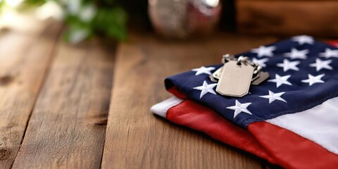 military honor display, a solemn military tribute a folded flag and dog tags on a table, sharp focus on the flag, with a somber indoor background