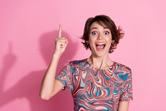 Photo of adorable stunning glad girl wear stylish clothes great decision isolated on pink color background