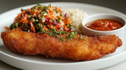 Fototapeta premium Crispy fish dish with slaw and rice