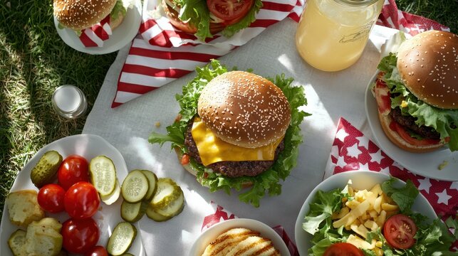 memorial day bbq spread, a lively display of memorial day cheeseburgers with grilled patties, melted cheddar, lettuce, tomatoes, and pickles on a patriotic themed table with side dishes and lemonade