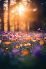 Obraz premium Beautiful colorful wild flowers in deep foggy forest with sun light in Spring.