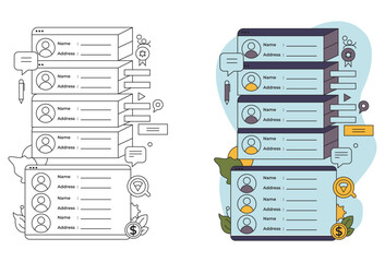 Customer Database vectors, An isometric vector illustration depicting user data and a marketing research tool. It features an activity rating system with a set of rating stars, a client feedback form,