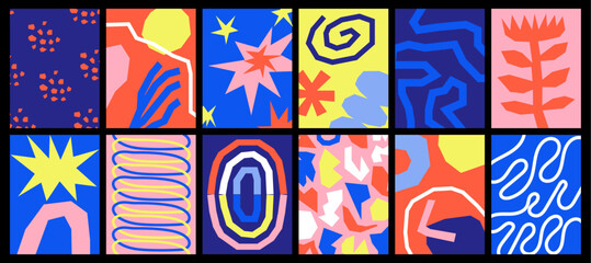 Collection of textured vector backgrounds with simple elements and playful patterns. Abstract colorful funky backgrounds for cards, posters, covers, banners, or branding.