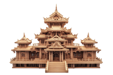 Intricate wooden temple stands majestically, showcasing detailed craftsmanship and artistry isolated on transparent background