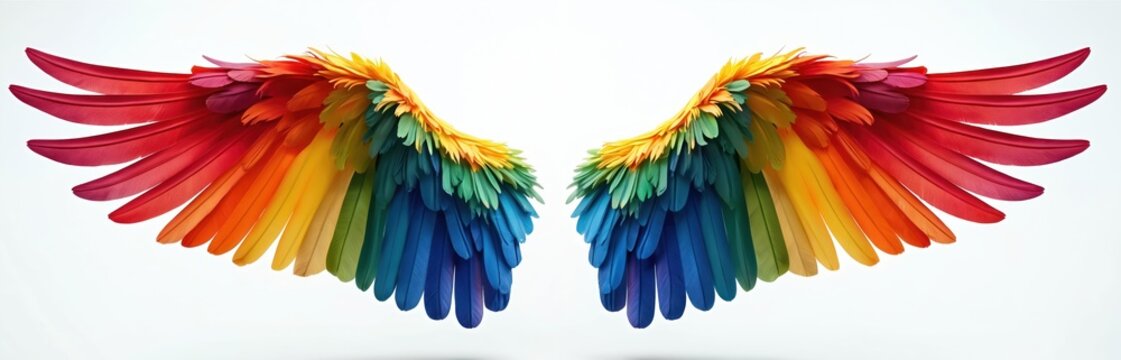 Vibrant rainbow pride wings isolated on transparent backdrop. Colorful feathers span representing freedom, diversity, inclusion, LGBTQ community support. Angelic wings symbol, celebration of love,
