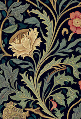Wiktoriański wzór kwiatowy – klasyczny ornament roślinny w stylu vintage, dekoracyjna grafika botaniczna, elegancki motyw florystyczny, artystyczna kompozycja z detalami, bogata tekstura, tradycyjny d