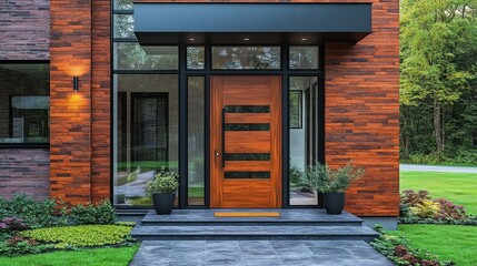 Fototapeta premium Modern brick home entryway with wooden door, lush landscaping, and spacious foyer