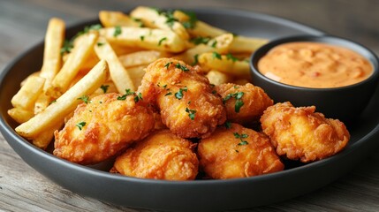 Fototapeta premium Crispy Fish Fingers & Fries with Dip on Wooden Table