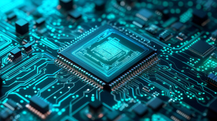 Fototapeta premium AI semiconductor or chip with thin line circuit on technology background. Blue green tech bg. Digital computer electronics concept. Artificial Intelligence banner. Futuristic vector illustration.