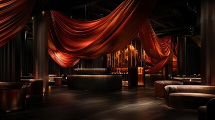 Luxurious nightclub interior draped in crimson fabric