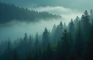 Misty pine forest on mountain slope in nature reserve. Morning sunlight through fog, mysterious woods. Evergreen woodland vale landscape. Ethereal mysterious beauty, eco background. Cold winter