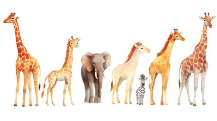 a group of various African animal standing together side by side. include elephants, giraffes and zebras in a line