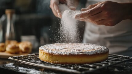 Close-up of hands dusting delicious cake with powdered sugar for a delightful finishing touch