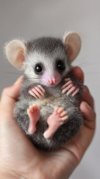 A cute baby possum being held by someone very fluffy and adorable photorealistic animal portrait
