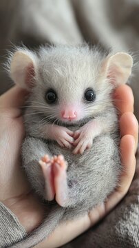 A cute baby possum being held by someone very fluffy and adorable in a photorealistic setting