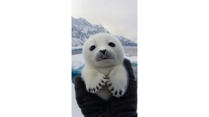 A cute baby seal being held by someone very fluffy and adorable in a photorealistic scene