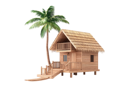 Charming wooden hut with thatched roof and palm tree on a serene beachfront setting isolated on transparent background