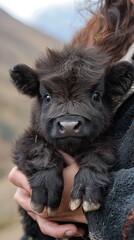 Fototapeta premium A Cute Baby Yak Being Held by Someone Very Fluffy and Adorable in a Photorealistic Scene