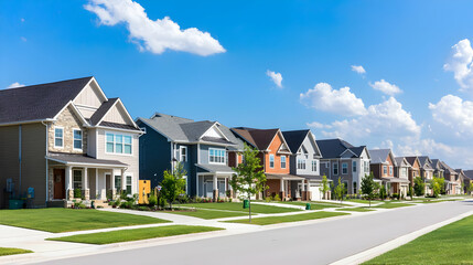 Row Of Colorful Houses Along A Suburban Street With Blue Skies And Green Lawns