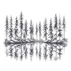 Black and White Hand-Drawn Sketch of a Serene Lake Surrounded by Towering Pine Trees