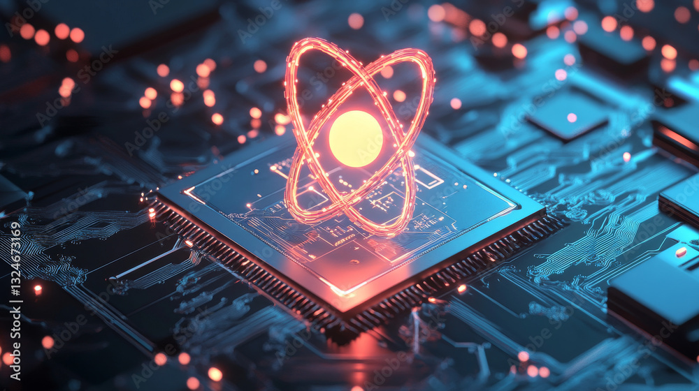 Fototapete ai chip and abstract digital atom icon on technology background. science tech bg. circuit light line