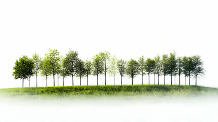 Obraz premium Green Trees Growing on Hill with Lush Grass and Misty White Background Under Clear Sky