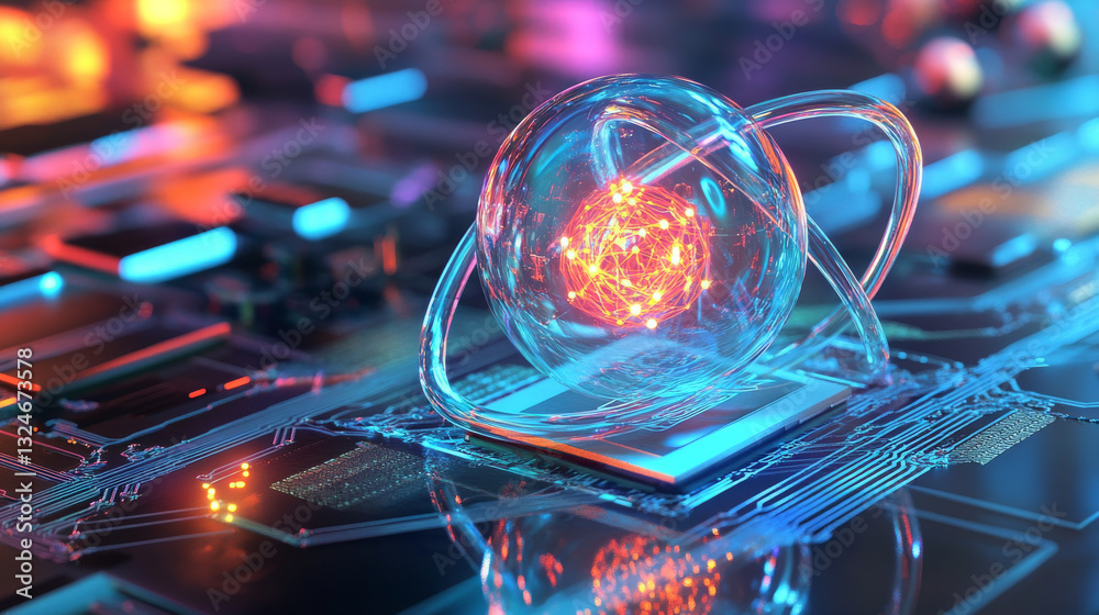 Fototapete ai chip and abstract digital atom icon on technology background. science tech bg. circuit light line