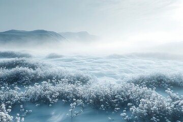 A frosty winter landscape with snow covered hills and frozen bushes