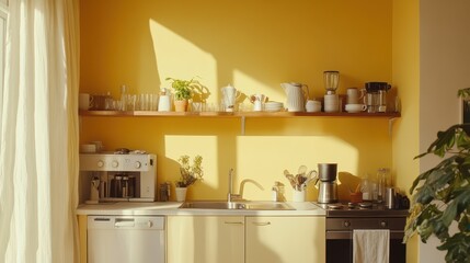 A sunny yellow kitchen filled with various household appliances and items
