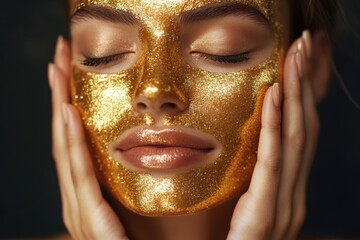 Woman with closed eyes wearing a glittering gold facial mask touching her face. Beauty treatment for skin. Cosmetics and wellness concept.