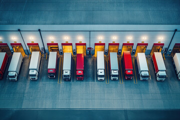 Trucks parked at loading docks. Aerial view of many trucks at distribution center. Night scene with illuminated bays for cargo shipping logistics.