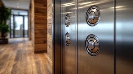 Obraz premium Modern elevator buttons in a stylish, wood-paneled lobby