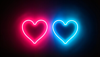 Neon hearts in pink and blue, symbolizing love and connection, for blogs about love and relationships, promoting products for lovers, creating content on the theme of romance