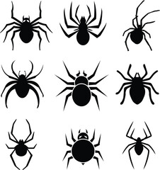 Collection of black spider silhouettes for design and illustration