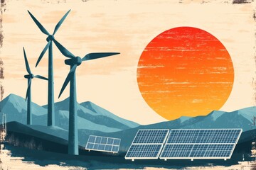 A vintage-style poster of a wind farm and solar panels, with bold retro typography and earthy tones evoking nostalgia for a sustainable future