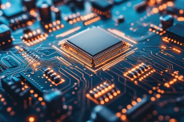 Close up view of computer circuit board with orange light. Microchip and electronic components detail. System on chip on a dark surface.
