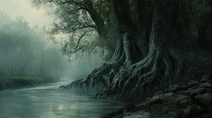 Mystical riverside scenery with ancient trees and exposed roots on foggy morning