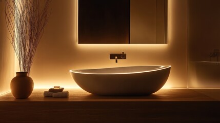 A modern bathroom featuring a unique basin with stylish lighting