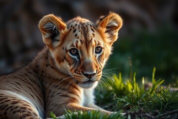 Naklejka premium Close-Up of a Young Lion Cub Relaxing on Green Grass in Nature