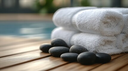 White towels and black stones resting on a wooden surface, clean aesthetic