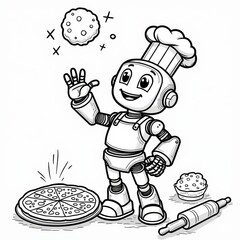 Happy Robot Cooking in a Kitchen – Simple Line Art