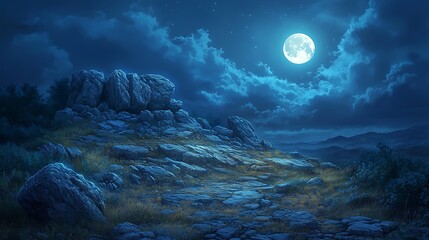 Serene Night Landscape with Full Moon, A serene night landscape with a full moon illuminating rocky terrain and clouds