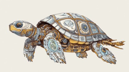 Fototapeta premium Turtle designed in Steampunk style. The mechanical animal can be colored. It's a vector illustration from a coloring book. 