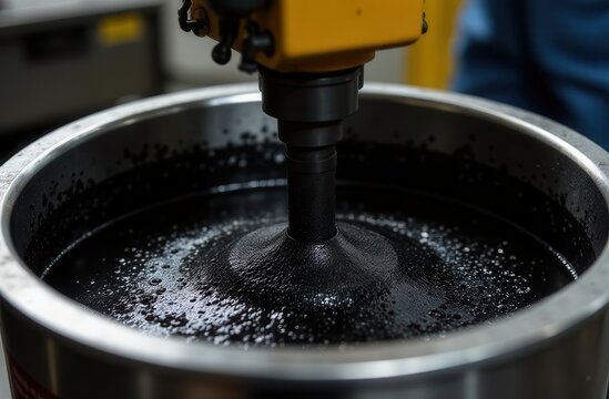 mixing a sample of polymer modified bitumen with SBS and rubber crumb to test the wear resistance of the material in road pavement