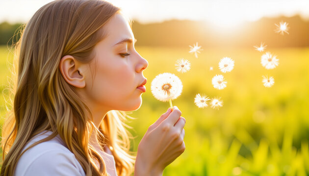 Young girl blowing dandelion seeds in sunny meadow, making a wish